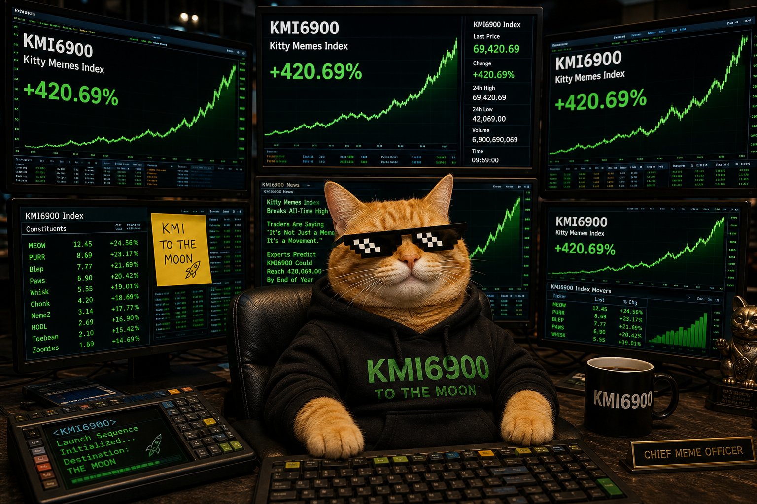 Meme cat trading KMI6900 at a Bloomberg terminal