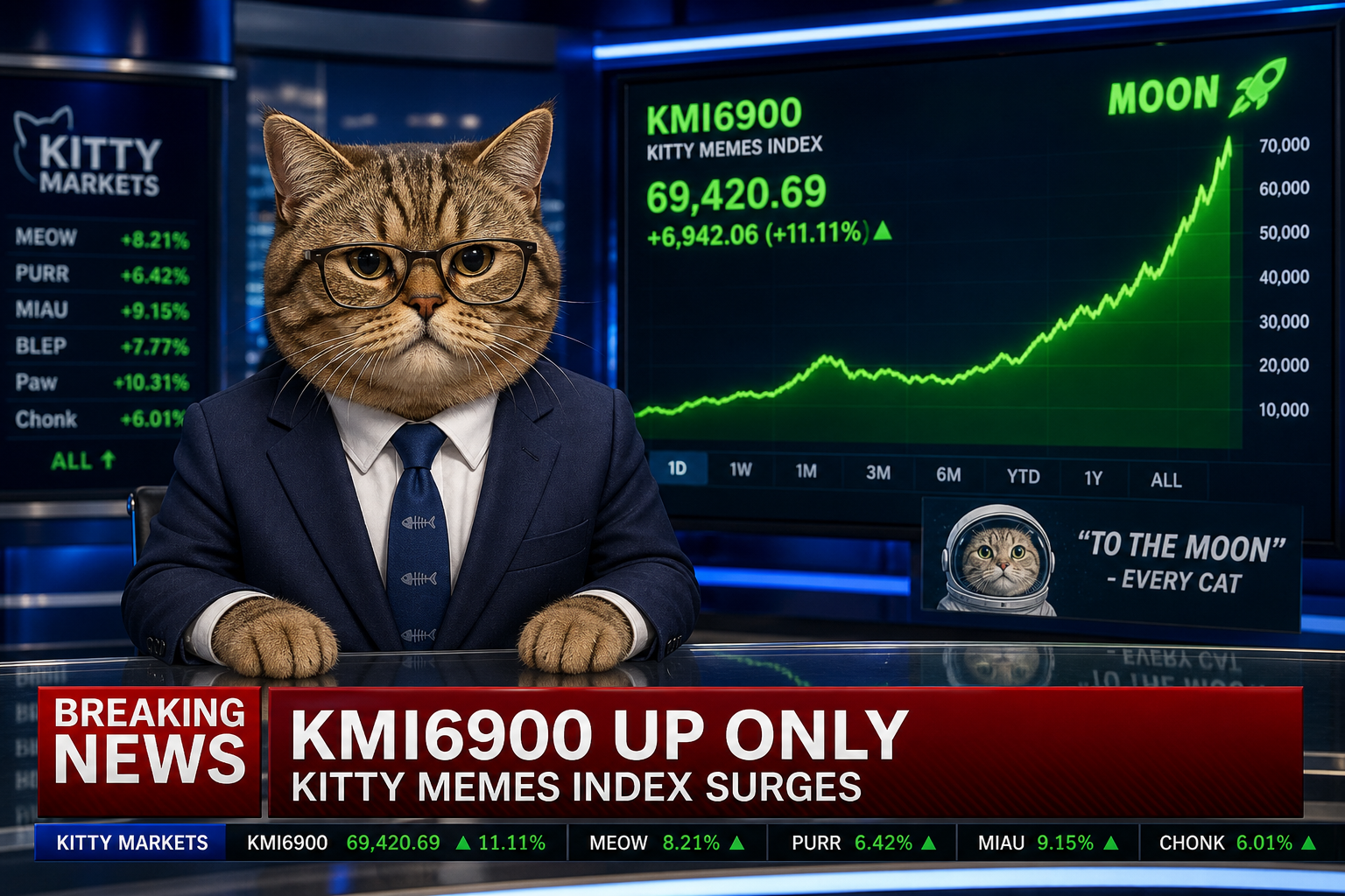 Meme cat news anchor reporting KMI6900 UP ONLY