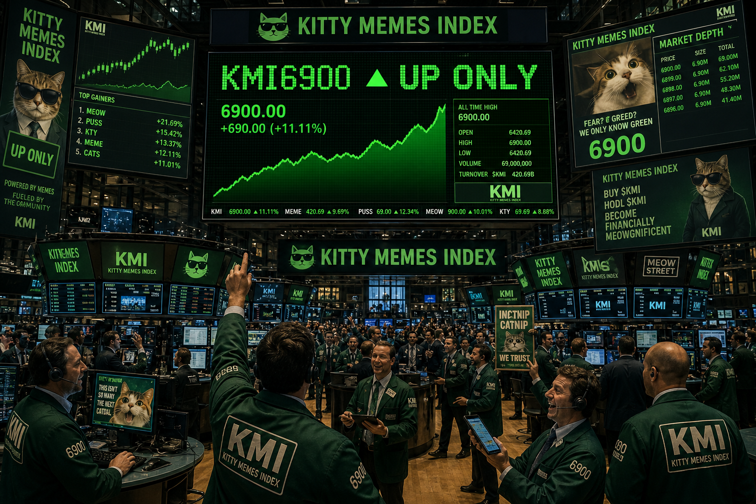 Trading floor with KMI6900 UP ONLY on the board